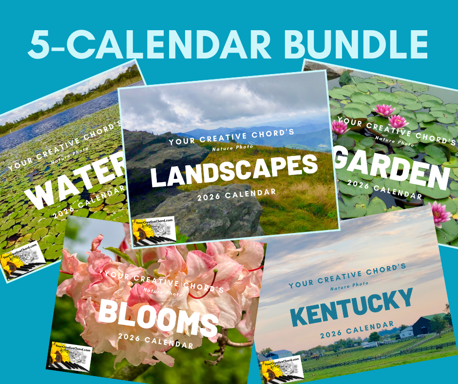 Full Nature Collection: 5-Calendar Bundle featuring original 2026 nature photography—Garden, Blooms, Landscapes, Water, and Kentucky calendar covers.