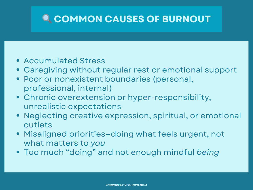 Graphic listing common causes of burnout from the CES Reset section: accumulated stress, caregiving without rest or emotional support, poor boundaries (personal, professional, internal), chronic overextension, unrealistic expectations, neglecting creative and spiritual outlets, misaligned priorities, focusing on urgent tasks over meaningful ones, and too much doing with little mindful being.