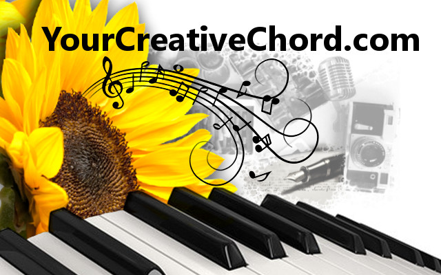 Your Creative Chord logo with sunflower music notation piano keyboard camera pen mic images