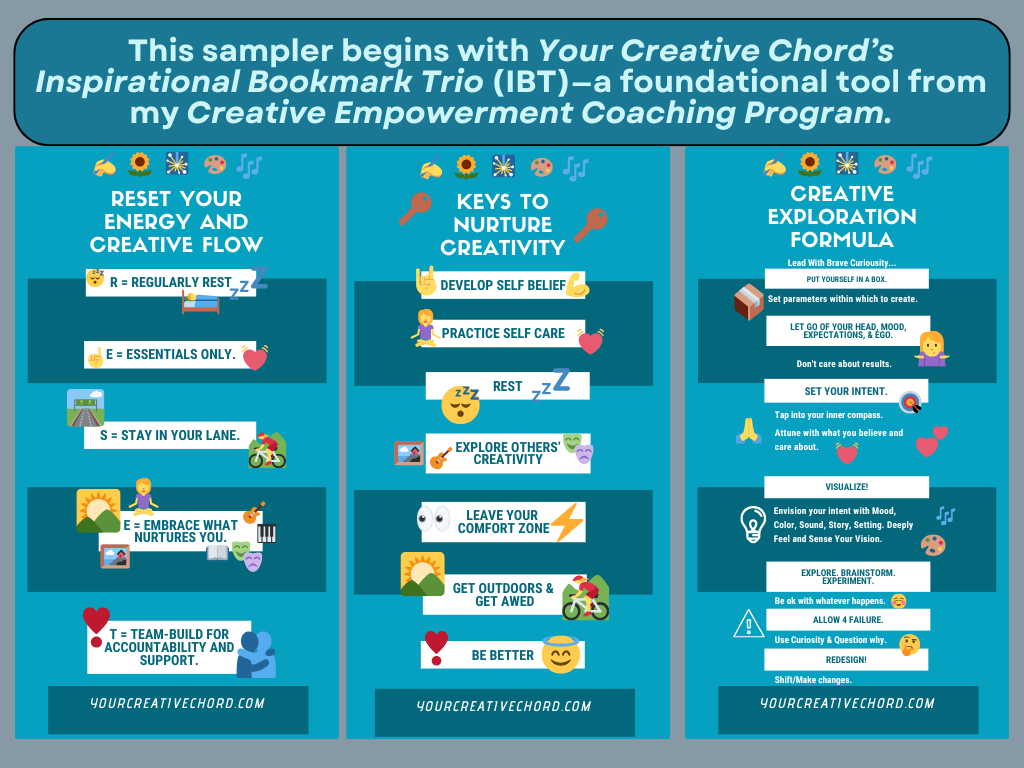 Creative Empowerment Sampler start page showing three Inspirational Bookmark Trio images—RESET, CEF, and KTNC—introduced as the foundation of this expanded sampler and coaching program.