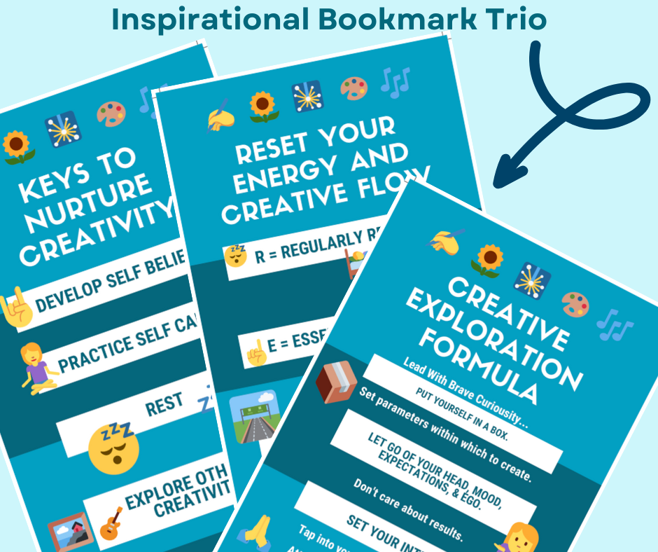 YourCreativeChord's Inspirational Bookmark Trio: keys for nurturing creativity, rest your energy and creative flow, creative exploration formula montage with excerpts from the bookmark trio.